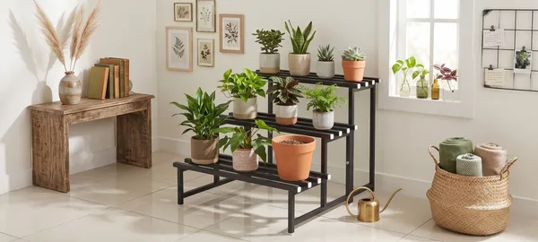 HIND's__3-Tier/Shelves_Heavy-Duty_Metal_Planter_Stand_|_Indoor_Outdoor_Flower_Pot_Holder_|_Rust-Proof_Iron_Plant_Stand_with_Modern_Design_for_Balcony,_Patio_&_Home_Decor_|_Weight_Capacity_200_KG_(Black-01)