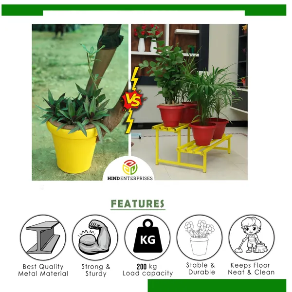 HIND's__3-Tier/Shelves_Heavy-Duty_Metal_Planter_Stand_|_Indoor_Outdoor_Flower_Pot_Holder_|_Rust-Proof_Iron_Plant_Stand_with_Modern_Design_for_Balcony,_Patio_&_Home_Decor_|_Weight_Capacity_200_KG_(Yellow-01)