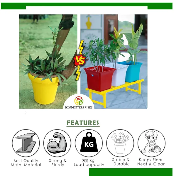 HIND'S_Heavy-Duty_Metal_Planter_Stand_|_Indoor_Outdoor_Flower_Pot_Holder_|_Rust-Proof_Iron_Plant_Stand_with_Modern_Design_for_Balcony,_Patio_&_Home_D�cor_|_Weight_Capacity_150_kg_(Black-01)_(Yellow,_4)