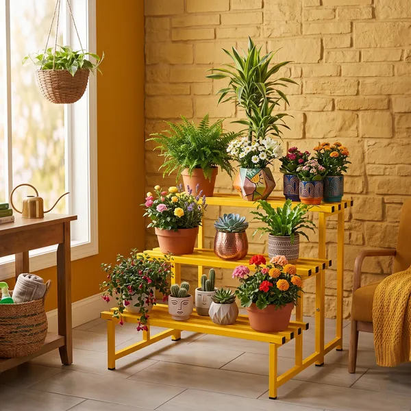 HIND's__3-Tier/Shelves_Heavy-Duty_Metal_Planter_Stand_|_Indoor_Outdoor_Flower_Pot_Holder_|_Rust-Proof_Iron_Plant_Stand_with_Modern_Design_for_Balcony,_Patio_&_Home_Decor_|_Weight_Capacity_200_KG_(Yellow-01)