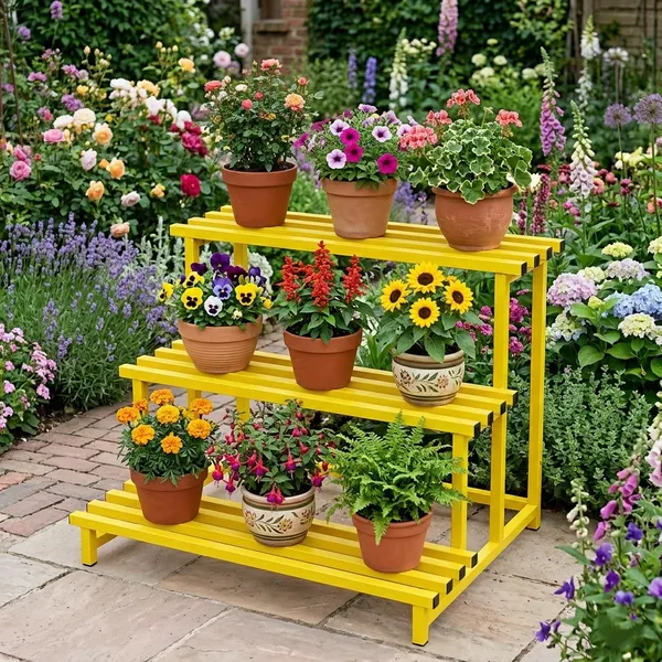 HIND's__3-Tier/Shelves_Heavy-Duty_Metal_Planter_Stand_|_Indoor_Outdoor_Flower_Pot_Holder_|_Rust-Proof_Iron_Plant_Stand_with_Modern_Design_for_Balcony,_Patio_&_Home_Decor_|_Weight_Capacity_200_KG_(Yellow-01)