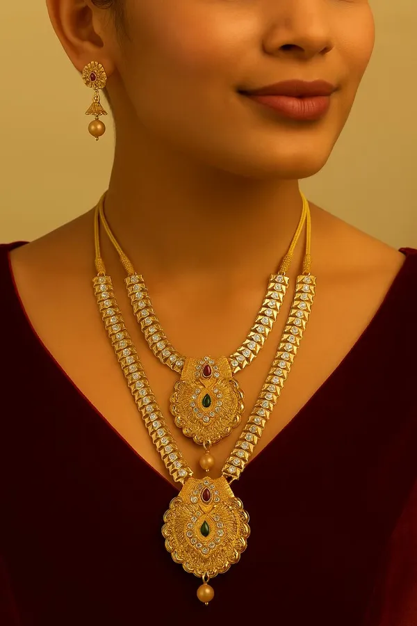 Exquisite_Traditional_Gold-Plated_Double_Layer_Kundan_Necklace_Set_with_Intricate_Filigree_Design,_Pearl_Dangling_Pendants,_and_Matching_Earrings
