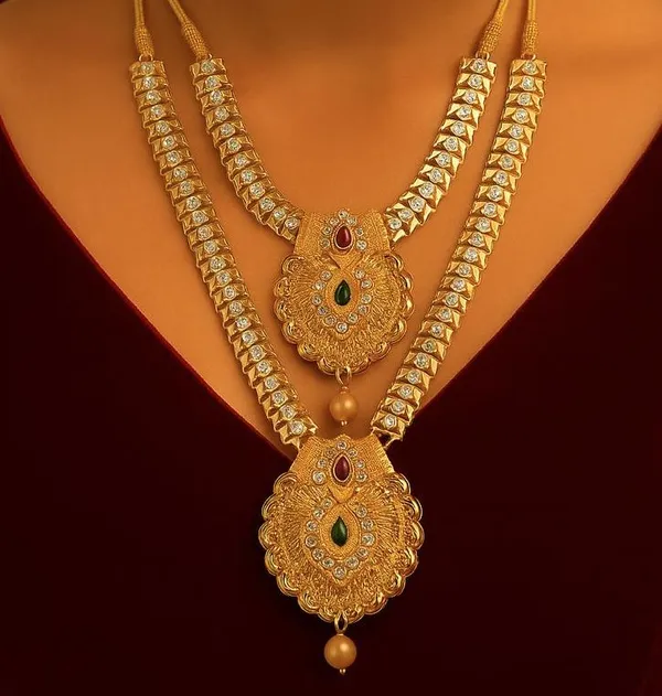 Exquisite_Traditional_Gold-Plated_Double_Layer_Kundan_Necklace_Set_with_Intricate_Filigree_Design,_Pearl_Dangling_Pendants,_and_Matching_Earrings