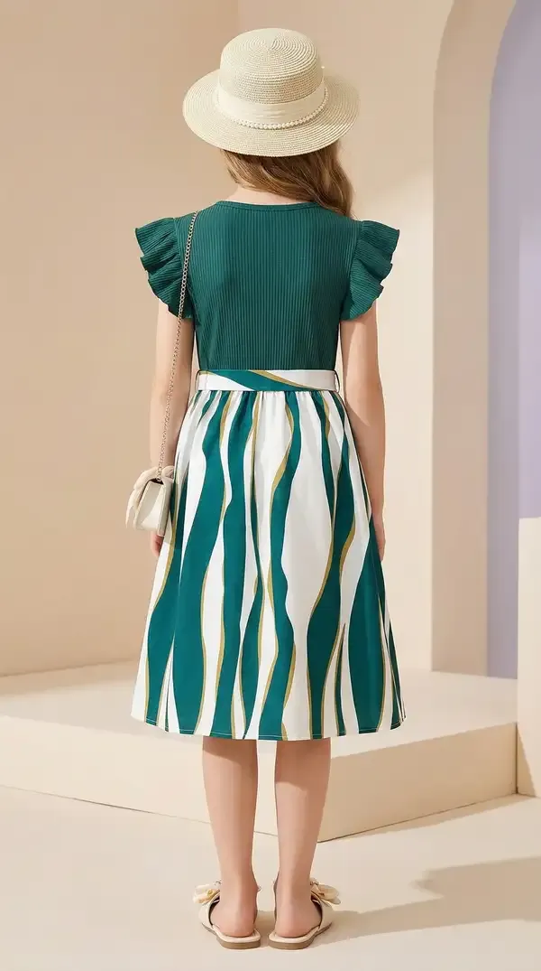 Girls_Green_Ribbed_Top_Striped_Flared_Dress_with_Bow
