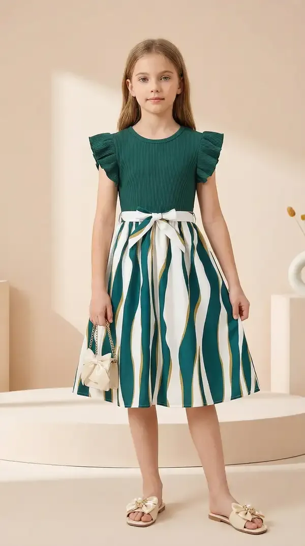 Girls_Green_Ribbed_Top_Striped_Flared_Dress_with_Bow