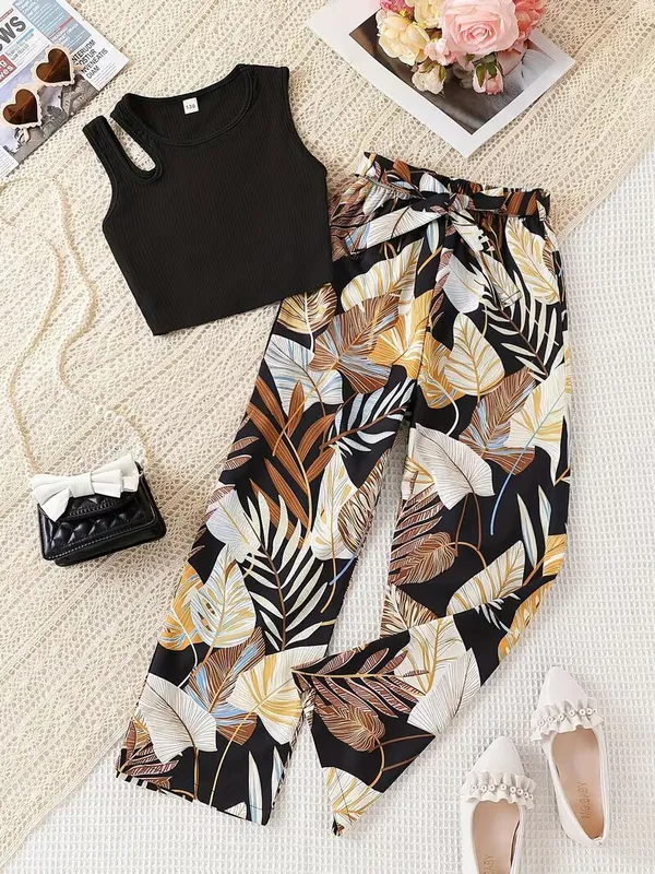 Girls_Black_Ribbed_Top_&_Tropical_Leaf_Print_Pants_Co-Ord_Set
