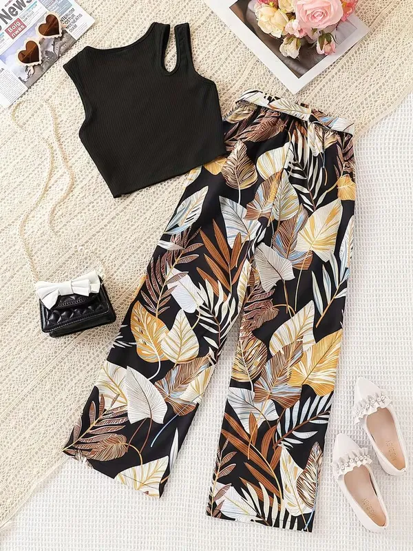 Girls_Black_Ribbed_Top_&_Tropical_Leaf_Print_Pants_Co-Ord_Set