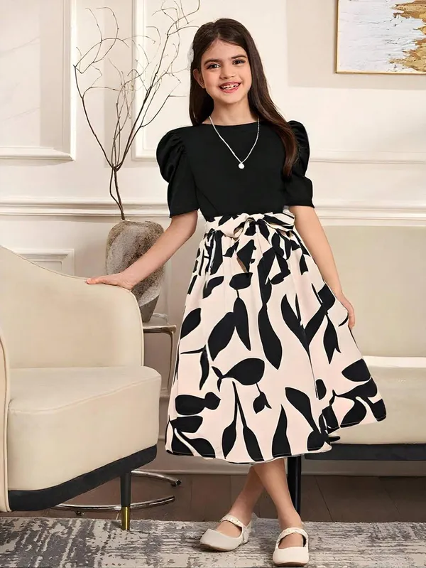 knee length dresses for ladies Tween Girls' Bow Decoration Gigot Sleeves Sequin Midi Dress Party Dres –  Elonnashop main image 0