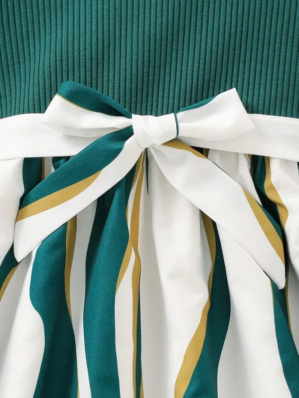 Girls_Green_Ribbed_Top_Striped_Flared_Dress_with_Bow