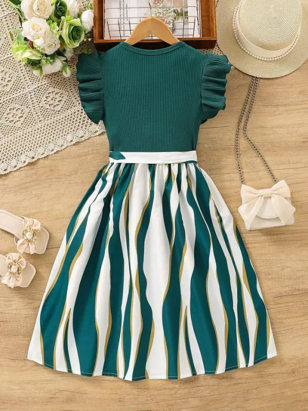 Girls_Green_Ribbed_Top_Striped_Flared_Dress_with_Bow