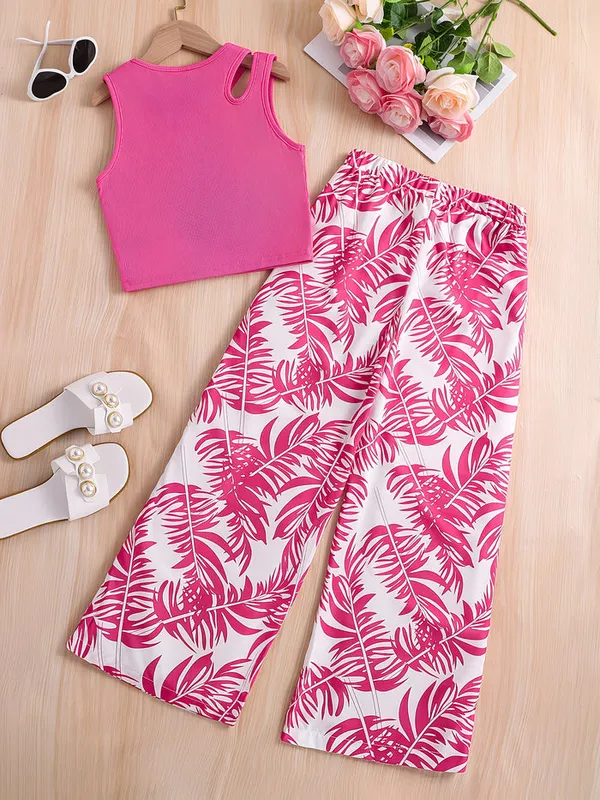 Girls_Hot_Pink_Ribbed_Top_&_Tropical_Leaf_Print_Pants_Co-Ord_Set