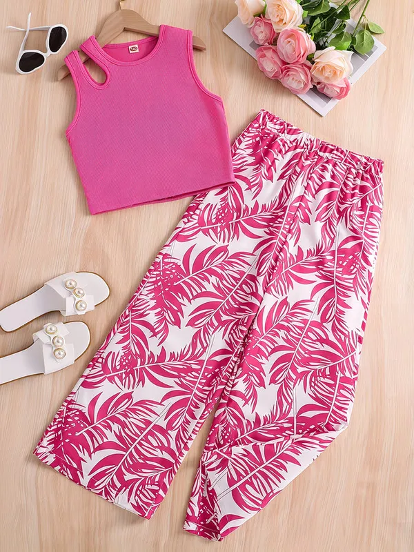 Girls_Hot_Pink_Ribbed_Top_&_Tropical_Leaf_Print_Pants_Co-Ord_Set