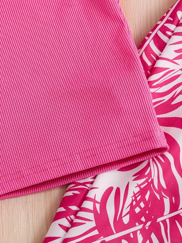 Girls_Hot_Pink_Ribbed_Top_&_Tropical_Leaf_Print_Pants_Co-Ord_Set