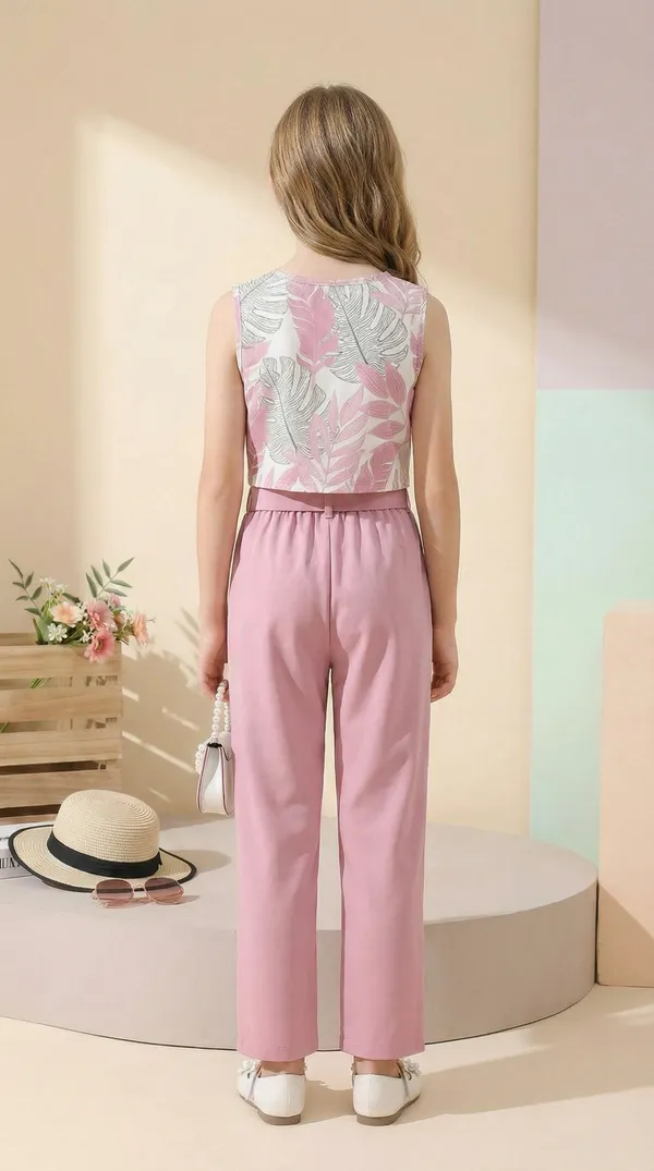 Girls_Pink_Leaf_Print_Sleeveless_Top_with_Tie-Waist_Straight_Pants_Co-Ord_Set