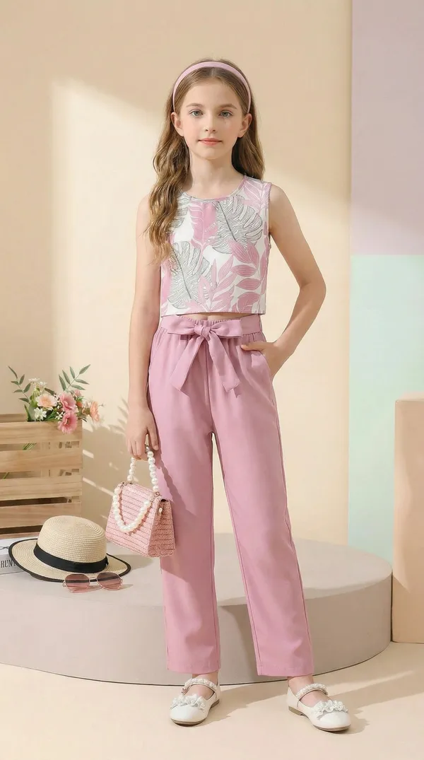 Girls_Pink_Leaf_Print_Sleeveless_Top_with_Tie-Waist_Straight_Pants_Co-Ord_Set