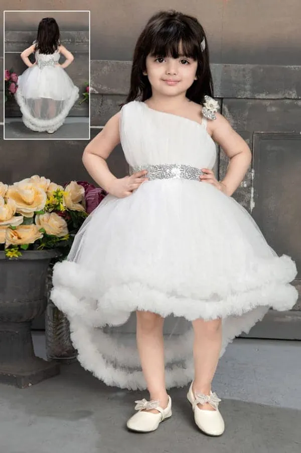 Girls_White_One_Shoulder_High-Low_Party_Dress