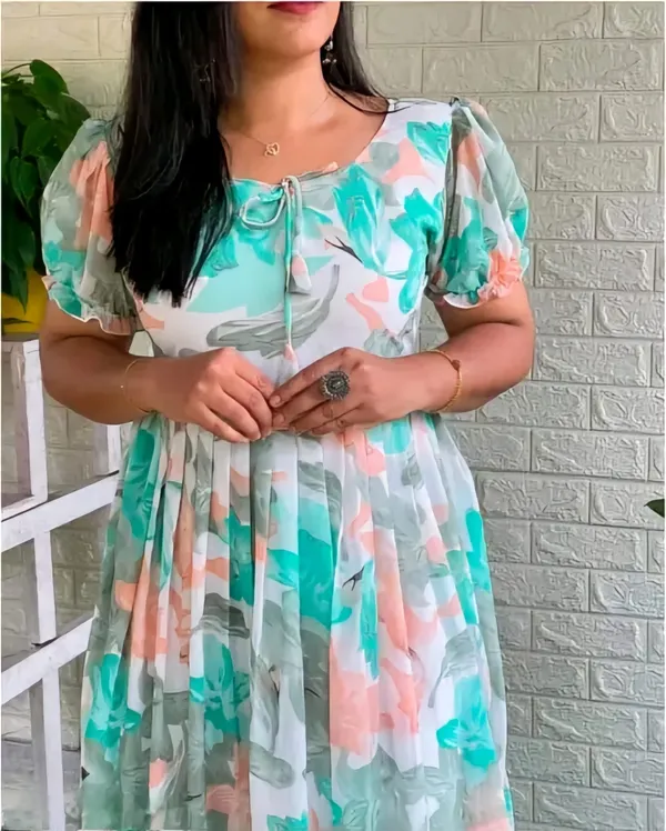 Aqua_Blue_Georgette_Short_Sleeves_Keyhole_Neck_Dress_For_Women
