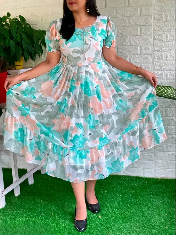 Aqua_Blue_Georgette_Short_Sleeves_Keyhole_Neck_Dress_For_Women