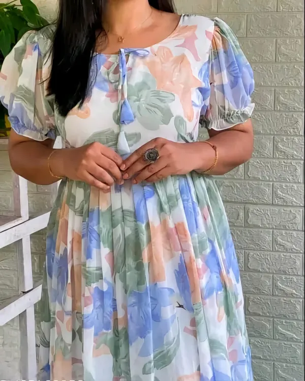 Blue_Georgette_Short_Sleeves_Keyhole_Neck_Dress_For_Women