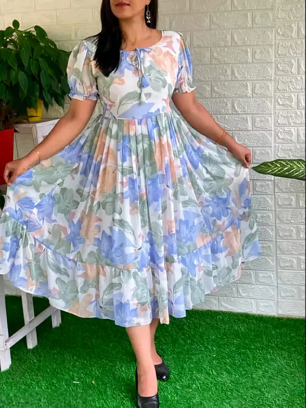 Blue_Georgette_Short_Sleeves_Keyhole_Neck_Dress_For_Women