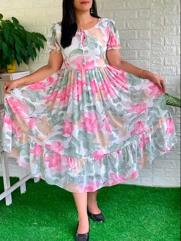 Pink_Georgette_Short_Sleeves_Keyhole_Neck_Dress_For_Women