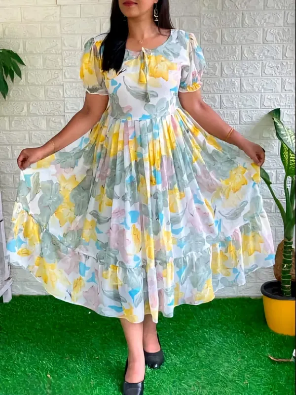 Yellow_Georgette_Short_Sleeves_Keyhole_Neck_Dress_For_Women