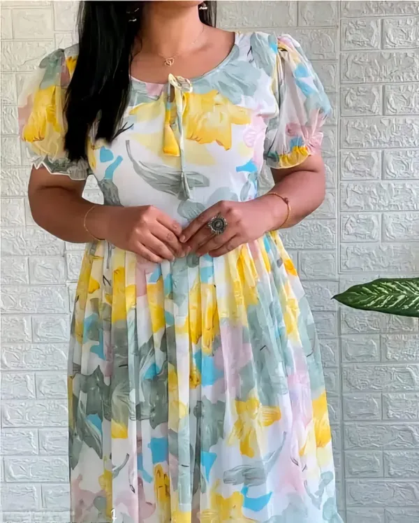 Yellow_Georgette_Short_Sleeves_Keyhole_Neck_Dress_For_Women