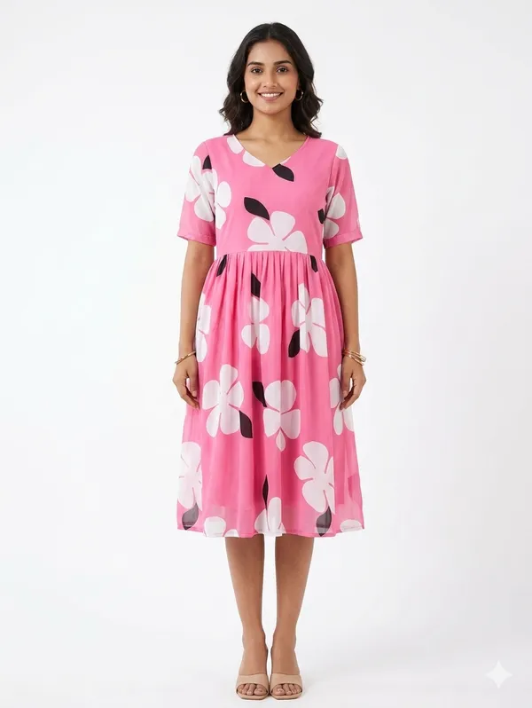 One_Amore_Women's_Pink_Floral_Printed_A-Line_Midi_Dress_|_V-Neck_Casual_Summer_Dress_|_Half_Sleeve_Flared_Dress_for_Women_|_Comfortable_Daily_Wear_Western_Dress
