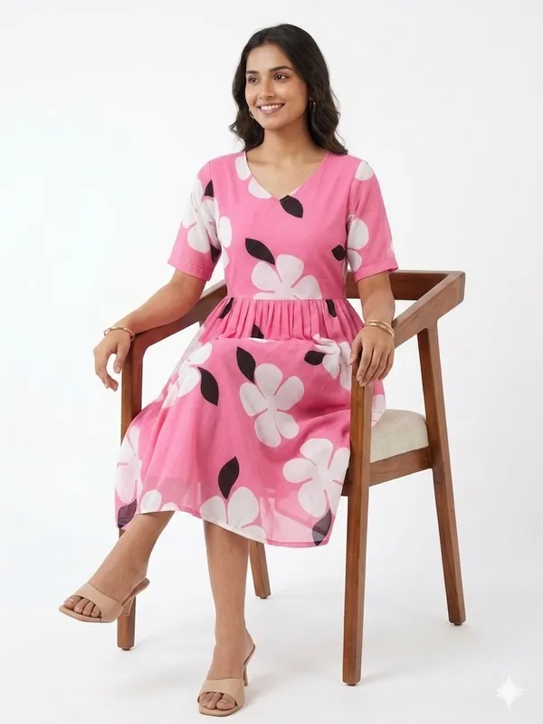 One_Amore_Women's_Pink_Floral_Printed_A-Line_Midi_Dress_|_V-Neck_Casual_Summer_Dress_|_Half_Sleeve_Flared_Dress_for_Women_|_Comfortable_Daily_Wear_Western_Dress