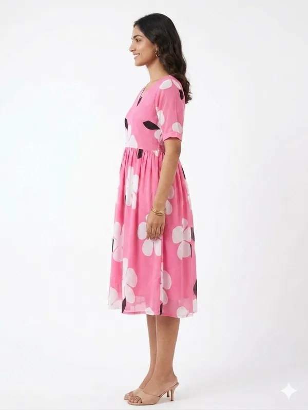 One_Amore_Women's_Pink_Floral_Printed_A-Line_Midi_Dress_|_V-Neck_Casual_Summer_Dress_|_Half_Sleeve_Flared_Dress_for_Women_|_Comfortable_Daily_Wear_Western_Dress