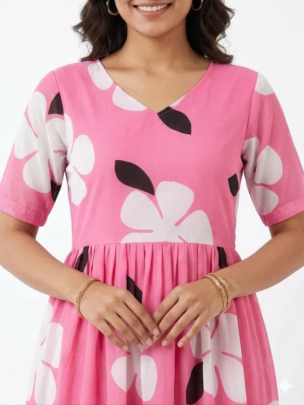 One_Amore_Women's_Pink_Floral_Printed_A-Line_Midi_Dress_|_V-Neck_Casual_Summer_Dress_|_Half_Sleeve_Flared_Dress_for_Women_|_Comfortable_Daily_Wear_Western_Dress