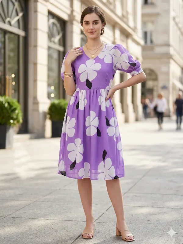 One_Amore_Women's_Purple_Floral_Printed_A-Line_Dress_|_Puff_Sleeve_Knee_Length_Dress_|_V-Neck_Casual_Western_Wear_Dress_for_Women_|_Stylish_Daily_Wear_Dress