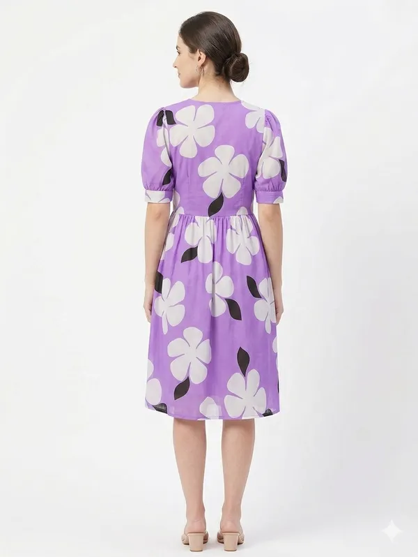 One_Amore_Women's_Purple_Floral_Printed_A-Line_Dress_|_Puff_Sleeve_Knee_Length_Dress_|_V-Neck_Casual_Western_Wear_Dress_for_Women_|_Stylish_Daily_Wear_Dress
