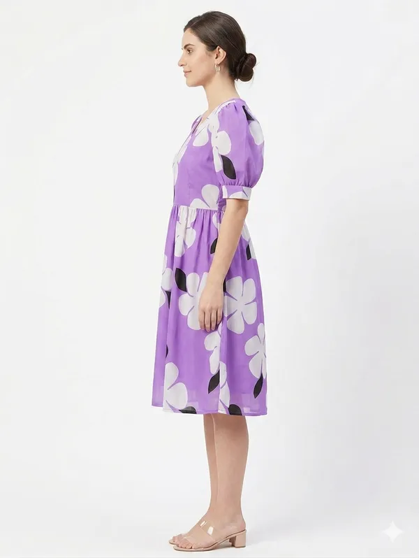 One_Amore_Women's_Purple_Floral_Printed_A-Line_Dress_|_Puff_Sleeve_Knee_Length_Dress_|_V-Neck_Casual_Western_Wear_Dress_for_Women_|_Stylish_Daily_Wear_Dress