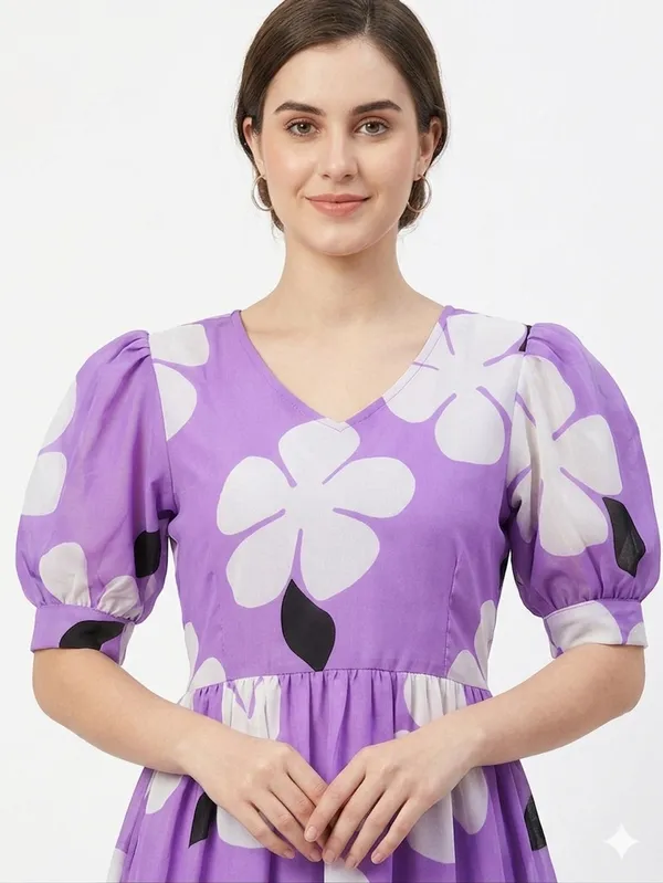 One_Amore_Women's_Purple_Floral_Printed_A-Line_Dress_|_Puff_Sleeve_Knee_Length_Dress_|_V-Neck_Casual_Western_Wear_Dress_for_Women_|_Stylish_Daily_Wear_Dress