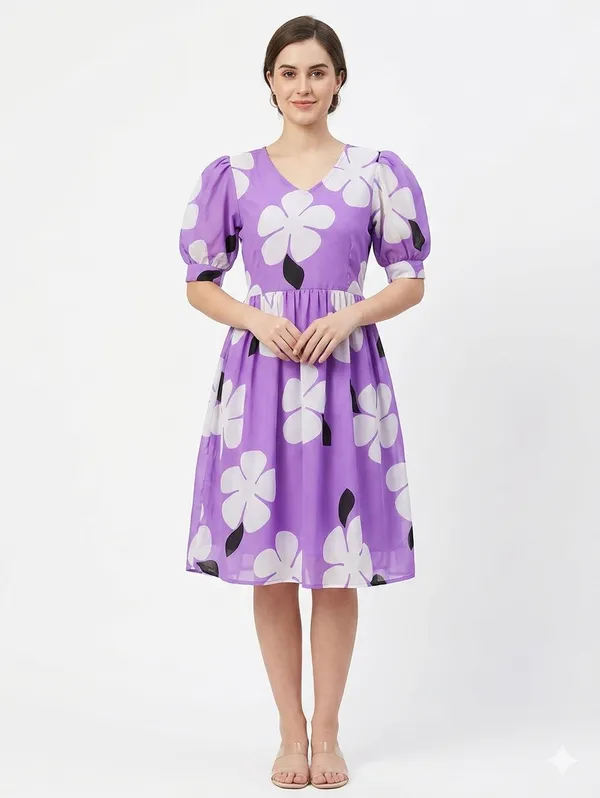 One_Amore_Women's_Purple_Floral_Printed_A-Line_Dress_|_Puff_Sleeve_Knee_Length_Dress_|_V-Neck_Casual_Western_Wear_Dress_for_Women_|_Stylish_Daily_Wear_Dress