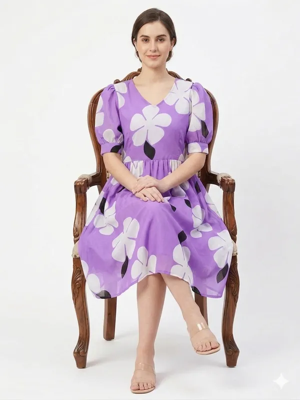 One_Amore_Women's_Purple_Floral_Printed_A-Line_Dress_|_Puff_Sleeve_Knee_Length_Dress_|_V-Neck_Casual_Western_Wear_Dress_for_Women_|_Stylish_Daily_Wear_Dress