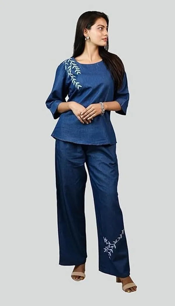 Women_Embroidered_Co-Ord_Set_|_3/4_Sleeve_Top_with_Wide_Leg_Palazzo_Pants_|_Stylish_Casual_Western_Wear_Set
