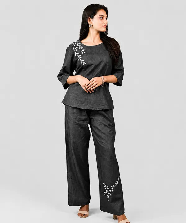 Women_Embroidered_Co-Ord_Set_|_3/4_Sleeve_Top_with_Wide_Leg_Pants_|_Stylish_Casual_Western_Wear_Set