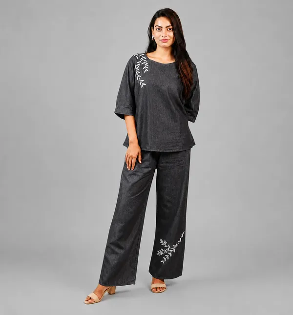 Women_Embroidered_Co-Ord_Set_|_3/4_Sleeve_Top_with_Wide_Leg_Pants_|_Stylish_Casual_Western_Wear_Set
