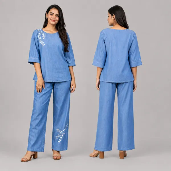 Women_Light_Blue_Embroidered_Co-Ord_Set_|_3/4_Sleeve_Top_with_Wide_Leg_Palazzo_Pants_|_Stylish_Casual_Western_Wear_Set