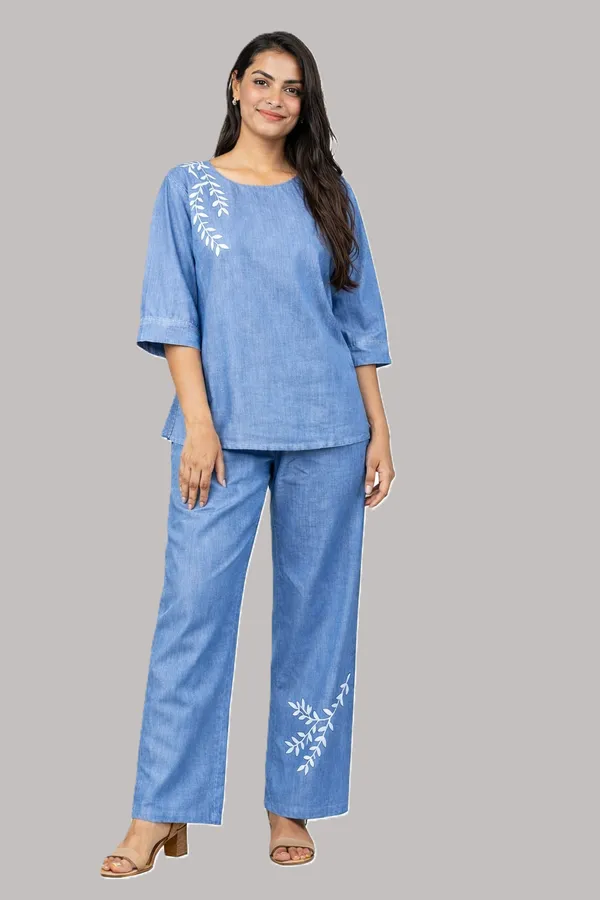 Women_Light_Blue_Embroidered_Co-Ord_Set_|_3/4_Sleeve_Top_with_Wide_Leg_Palazzo_Pants_|_Stylish_Casual_Western_Wear_Set
