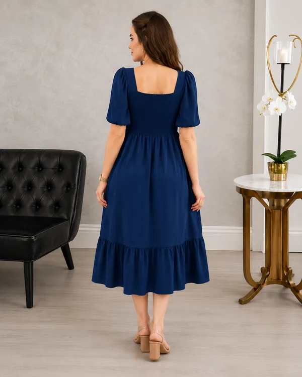 Women's_Blue_Consai_Midi_Dress_|_Puff_Sleeve_Smocked_A-Line_Dress_|_Casual_Western_Dress_for_Women_|_Elegant_Flared_Midi_Dress