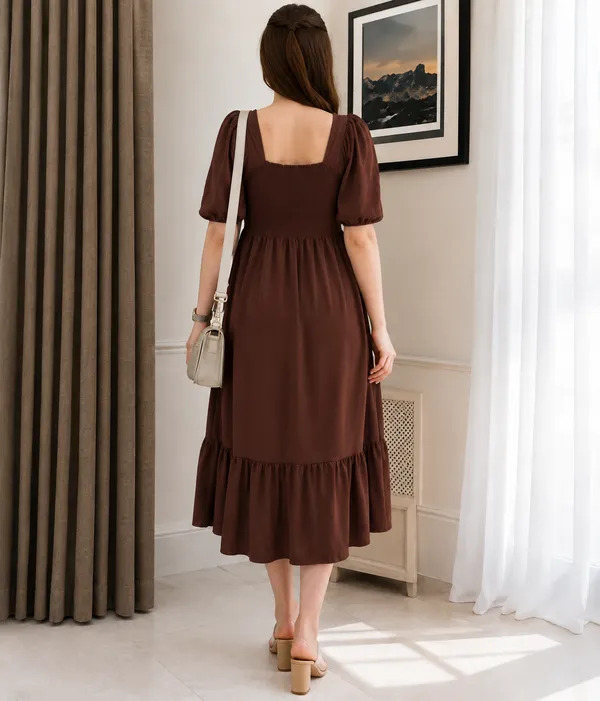 Women's_Brown_Consai_Midi_Dress_|_Puff_Sleeve_Smocked_A-Line_Dress_|_Casual_Western_Dress_for_Women_|_Elegant_Flared_Midi_Dress