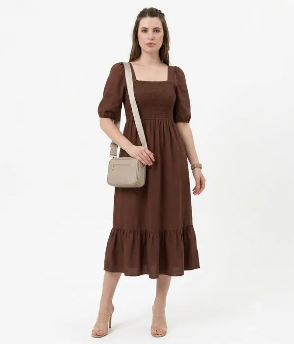 Women's_Brown_Consai_Midi_Dress_|_Puff_Sleeve_Smocked_A-Line_Dress_|_Casual_Western_Dress_for_Women_|_Elegant_Flared_Midi_Dress