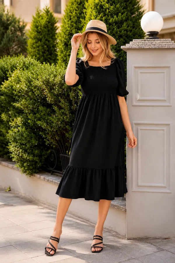 Women's_Consai_Midi_Dress_|_Puff_Sleeve_Smocked_A-Line_Dress_|_Casual_Western_Dress_for_Women_|_Elegant_Flared_Midi_Dress