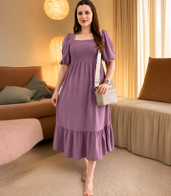Women's_Pink_Consai_Midi_Dress_|_Puff_Sleeve_Smocked_A-Line_Dress_|_Casual_Western_Dress_for_Women_|_Elegant_Flared_Midi_Dress