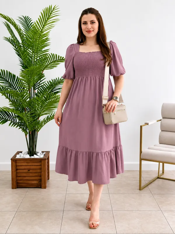 Women's_Pink_Consai_Midi_Dress_|_Puff_Sleeve_Smocked_A-Line_Dress_|_Casual_Western_Dress_for_Women_|_Elegant_Flared_Midi_Dress