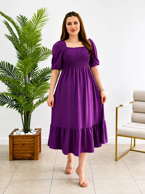Women's_Purple_Consai_Midi_Dress_|_Puff_Sleeve_Smocked_A-Line_Dress_|_Casual_Western_Dress_for_Women_|_Elegant_Flared_Midi_Dress