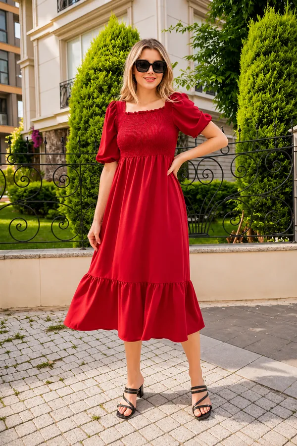 Women's_Red_Consai_Midi_Dress_|_Puff_Sleeve_Smocked_A-Line_Dress_|_Casual_Western_Dress_for_Women_|_Elegant_Flared_Midi_Dress